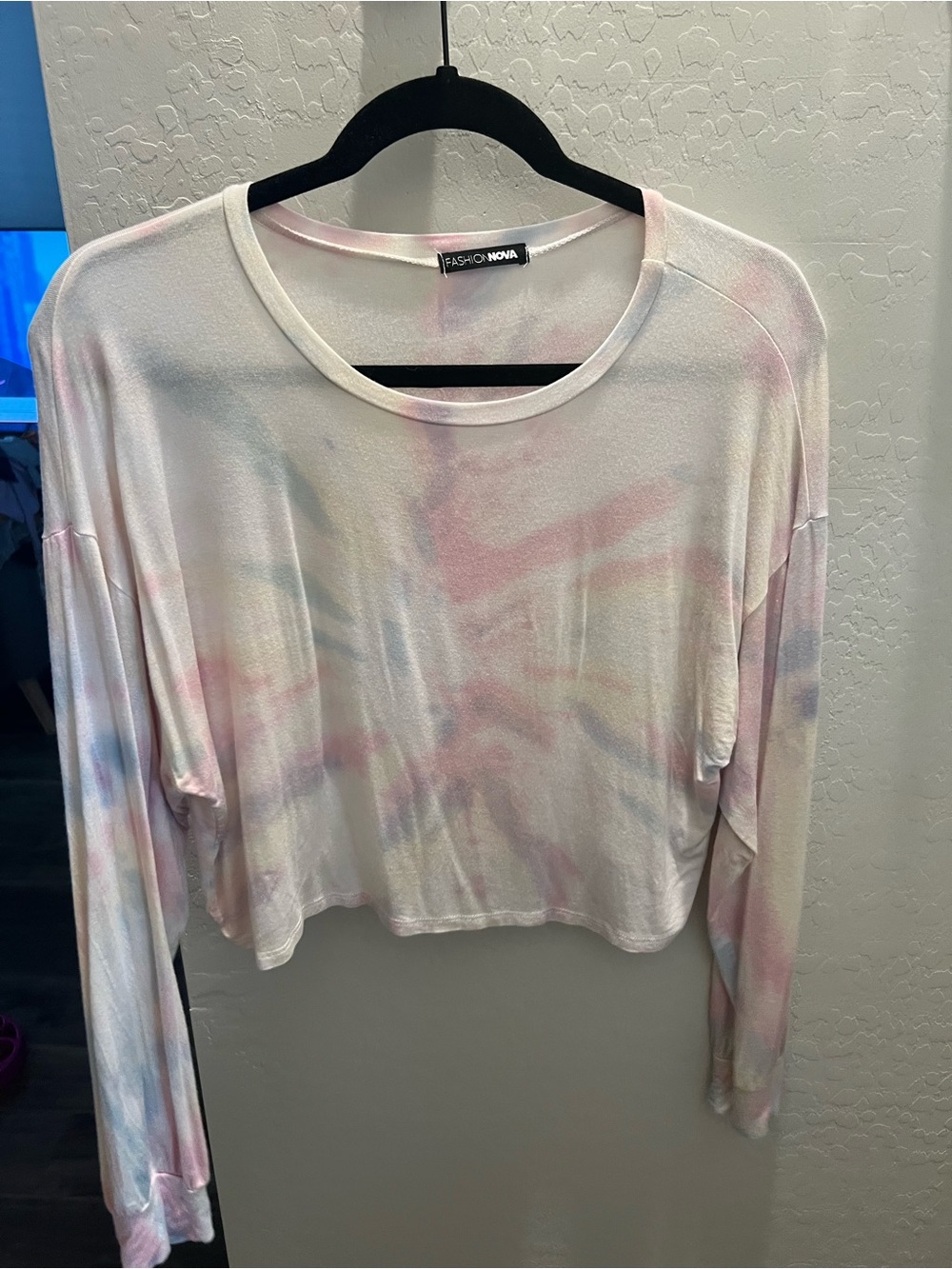 Fashion Nova Pastel Tie-Dye Long Sleeve Crop Top - White with Pink & Blue